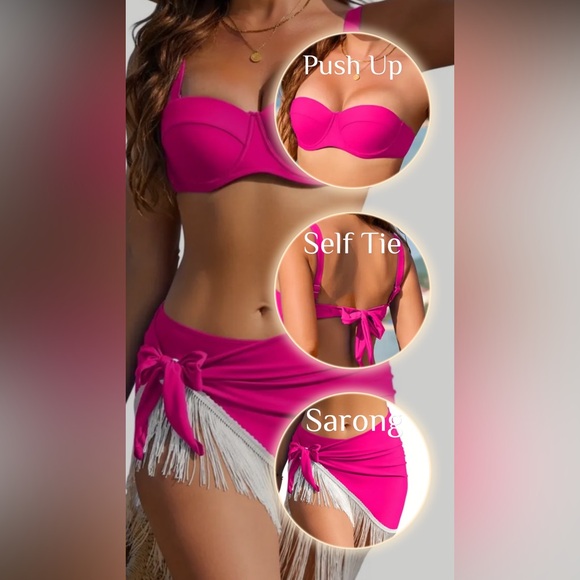 3pc Pink Push Up Bandeau High Waisted Bikini Set with Sarong Cover Up - Picture 2 of 8